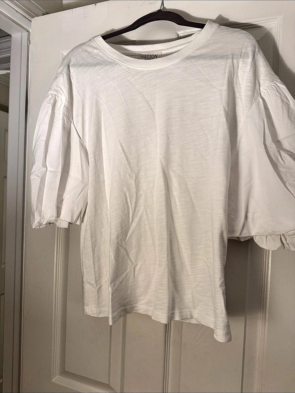 Nation White Puff Sleeve Tee
